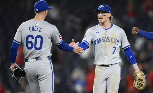 Kansas City Royals shortstop Bobby Witt Jr. (7) and relief pitcher Lucas Erceg (60) celebrate after a baseball game against the Washington Nationals, Tuesday, Sept. 24, 2024, in Washington. (AP Photo/Nick Wass)