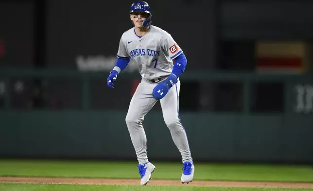 Kansas City Royals' Bobby Witt Jr. takes a lead from first base during the first inning of a baseball game against the Washington Nationals, Tuesday, Sept. 24, 2024, in Washington. (AP Photo/Nick Wass)