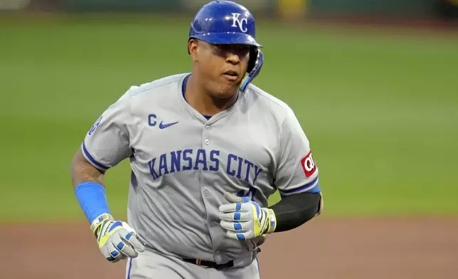 Kansas City Royals' Salvador Perez rounds the bases after hitting a two-run home run off Pittsburgh Pirates starting pitcher Luis L. Ortiz during the second inning of a baseball game in Pittsburgh, Friday, Sept. 13, 2024. (AP Photo/Gene J. Puskar)