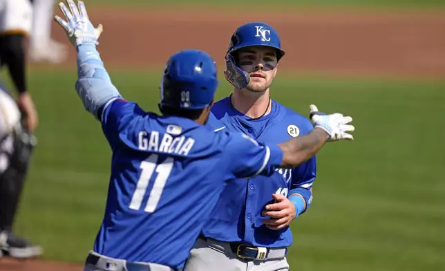 Kansas City Royals' Michael Massey, right, is greeted by Maikel Garcia (11) after scoring on a sacrifice fly by Yuli Gurriel off Pittsburgh Pirates starting pitcher Jared Jones during the second inning of a baseball game in Pittsburgh, Sunday, Sept. 15, 2024. (AP Photo/Gene J. Puskar)