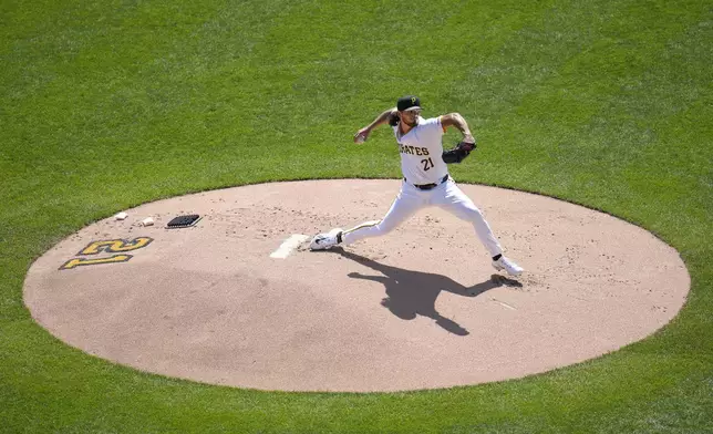 Pittsburgh Pirates starting pitcher Jared Jones delivers during the first inning of a baseball game against the Kansas City Royals in Pittsburgh, Sunday, Sept. 15, 2024. In honor of Roberto Clemente Day all Pirates wore No. 21. (AP Photo/Gene J. Puskar)