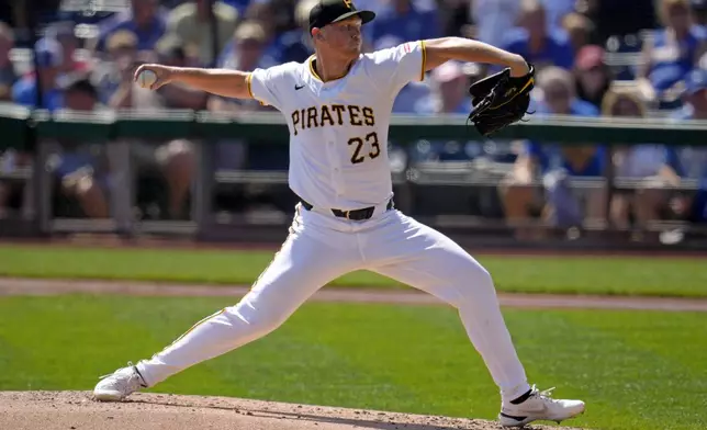 Pittsburgh Pirates starting pitcher Mitch Keller delivers during the second inning of a baseball game against the Kansas City Royals in Pittsburgh, Saturday, Sept. 14, 2024. (AP Photo/Gene J. Puskar)