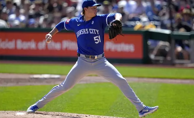 Kansas City Royals starting pitcher Brady Singer delivers during the first inning of a baseball game against the Pittsburgh Pirates in Pittsburgh, Sunday, Sept. 15, 2024. (AP Photo/Gene J. Puskar)