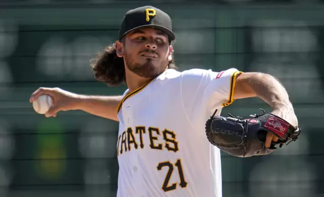 Pittsburgh Pirates pitcher Jared Jones delivers during the third inning of a baseball game against the Kansas City Royals in Pittsburgh, Sunday, Sept. 15, 2024. (AP Photo/Gene J. Puskar)