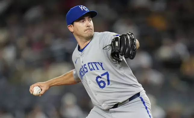 Kansas City Royals pitcher Seth Lugo throws during the third inning of a baseball game against the New York Yankees at Yankee Stadium, Tuesday, Sept. 10, 2024, in New York. (AP Photo/Seth Wenig)