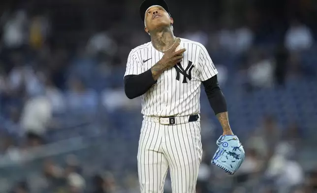 New York Yankees pitcher Marcus Stroman looks up before the start of a baseball game against the Kansas City Royals at Yankee Stadium, Tuesday, Sept. 10, 2024, in New York. (AP Photo/Seth Wenig)