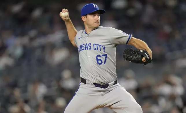 Kansas City Royals pitcher Seth Lugo throws during the first inning of a baseball game against the New York Yankees at Yankee Stadium, Tuesday, Sept. 10, 2024, in New York. (AP Photo/Seth Wenig)