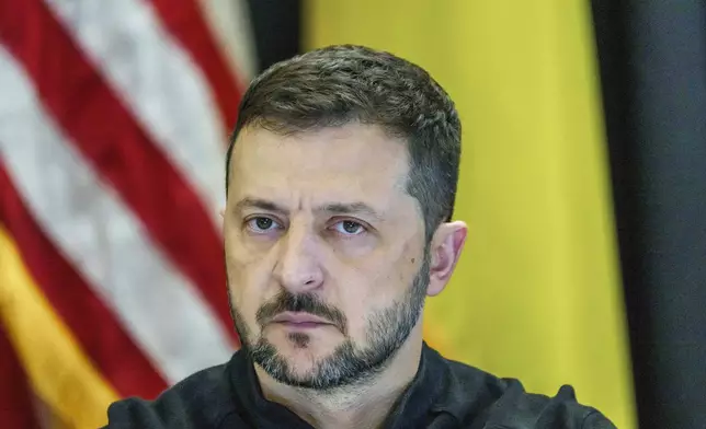 Ukrainian President Volodymyr Zelenskyy takes part in the Ukraine Contact Group meeting at Ramstein Air Base, Friday, Sept.6, 2024. (Andreas Arnold/dpa via AP)