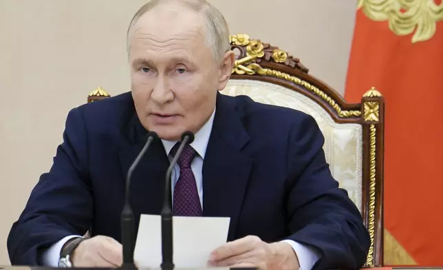 Russian President Vladimir Putin speaks at the Security Council meeting on nuclear deterrence at the Kremlin in Moscow, Russia, Wednesday, Sept. 25, 2024. (Aleksei Nikolsky, Sputnik, Kremlin Pool Photo via AP)