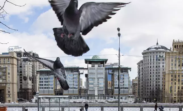 FILE - Birds fly with the British Embassy building at center in the background in Moscow, Russia, Friday, March 16, 2018. (AP Photo/Pavel Golovkin, File)