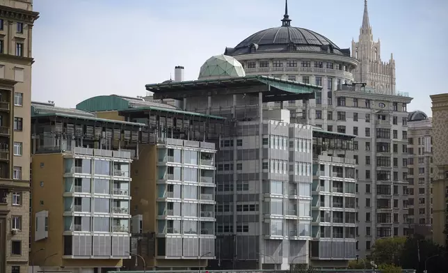 A view of the British Embassy building, centre, in Moscow, Russia, Friday, Sept. 13, 2024, with the Russian Foreign Ministry building in the right. (AP Photo)