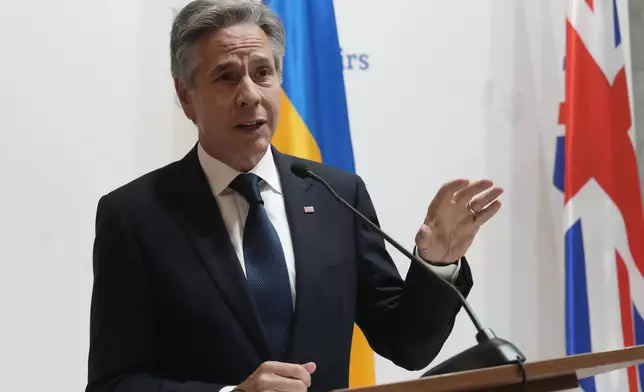 U.S. Secretary of State Antony Blinken speaks during a joint news conference with Britain's Foreign Secretary David Lammy, and Ukraine's Foreign Minister Andriiy Sybiha at the Ministry of Foreign Affairs in Kyiv, Ukraine, Wednesday, Sept. 11, 2024. (AP Photo/Efrem Lukatsky)