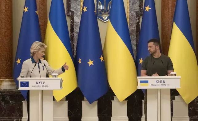 European Commission President Ursula von der Leyen speaks during joint press conference with Ukrainian President Volodymyr Zelenskyy in Kyiv, Ukraine, Friday, Sept. 20, 2024. (AP Photo/Efrem Lukatsky)