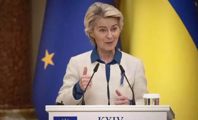 European Commission President Ursula von der Leyen speaks during a joint press conference with Ukrainian President Volodymyr Zelenskyy, not pictured, in Kyiv, Ukraine, Friday, Sept. 20, 2024. (AP Photo/Efrem Lukatsky)