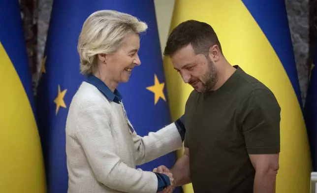 Ukrainian President Volodymyr Zelenskyy, right, and European Commission President Ursula von der Leyen greet each other in Kyiv, Ukraine, Friday, Sept. 20, 2024. (AP Photo/Efrem Lukatsky)