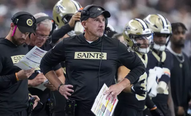 New Orleans Saints head coach Dennis Allen looks on during the second half of an NFL football game against the Dallas Cowboys, Sunday, Sept. 15, 2024, in Arlington, Texas. (AP Photo/Tony Gutierrez)