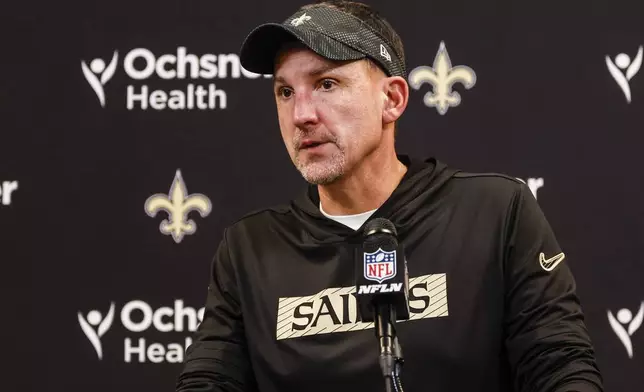 New Orleans Saints head coach Dennis Allen speaks after an NFL football game between the Atlanta Falcons and the New Orleans Saints, Sunday, Sept. 29, 2024, in Atlanta. The Atlanta Falcons won 26-24. (AP Photo/Butch Dill)