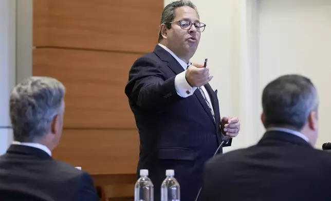 Attorney David Brill gives testimony in court on Thursday, Sept. 5, 2024, Broward County, Fla. Brill is representing family members in the mass shooting at Marjory Stoneman Douglas High School on Valentine's Day 2018. The families of the Parkland victims are in court to debate whether one plaintiff, the family of Anthony Borges, has the right to unilaterally negotiate a settlement entitling him to the rights to Nikolas Cruz's name and inheritance. (Mike Stocker /South Florida Sun-Sentinel via AP)