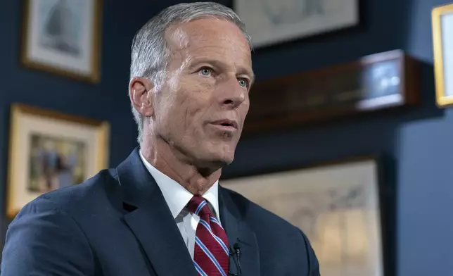 Senate Minority Whip John Thune, R-S.D., speaks during an interview with The Associated Press at the Capitol in Washington, Wednesday, Sept. 11, 2024. (AP Photo/Jose Luis Magana)