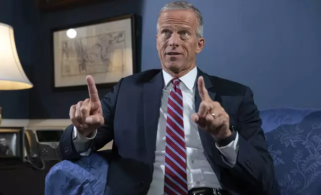 Senate Minority Whip John Thune, R-S.D., speaks during an interview with The Associated Press at the Capitol in Washington, Wednesday, Sept. 11, 2024. (AP Photo/Jose Luis Magana)