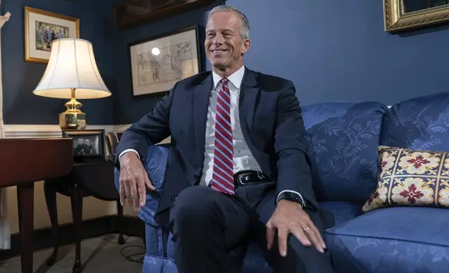 Senate Minority Whip John Thune, R-S.D., speaks during an interview with The Associated Press at the Capitol in Washington, Wednesday, Sept. 11, 2024. (AP Photo/Jose Luis Magana)