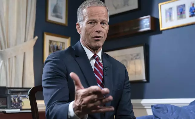 Senate Minority Whip John Thune, R-S.D., speaks during an interview with The Associated Press at the Capitol in Washington, Wednesday, Sept. 11, 2024. (AP Photo/Jose Luis Magana)