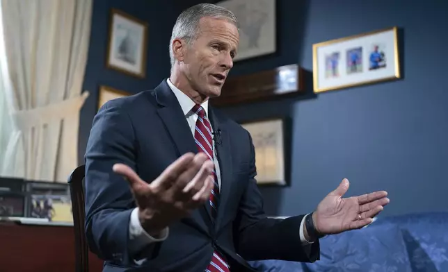 Senate Minority Whip John Thune, R-S.D., speaks during an interview with The Associated Press at the Capitol in Washington, Wednesday, Sept. 11, 2024. (AP Photo/Jose Luis Magana)