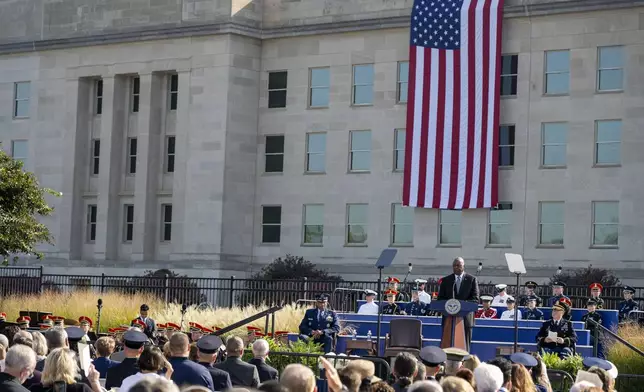 Defense Secretary Lloyd Austin speaks during a Sept. 11 observance ceremony at the Pentagon, Wednesday, Sept. 11, 2024, in Washington. (AP Photo/Kevin Wolf)