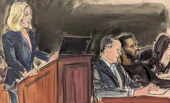 Assistant U.S. Attorney Emily Johnson, left, presents her argument for remand during a bail hearing for Sean "Diddy" Combs, second from right, in federal court, Wednesday, Sept. 18, 2024, in New York. Combs was accompanied by his attorneys Marc Agnifilo, second from left, and Teny Garagos. (Elizabeth Williams via AP)