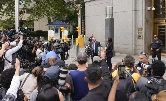 Marc Agnifilo, attorney for Sean "Diddy" Combs, speaks to the media after leaving Manhattan federal court, Tuesday, Sept. 17, 2024, in New York. (AP Photo/Pamela Smith)