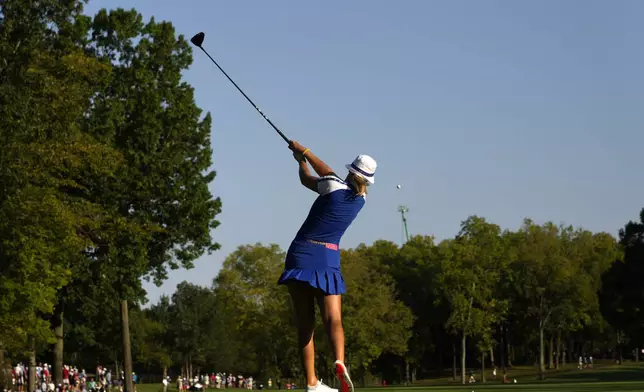 Europe's Anna Nordqvist hits from the fifth tee during a Solheim Cup golf tournament foursome match at Robert Trent Jones Golf Club, Saturday, Sept. 14, 2024, in Gainesville, Va. (AP Photo/Matt York)