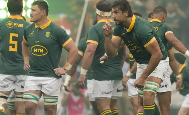 South Africa's Eben Etzebeth goes out on the field for a rugby championship test match against Argentina at Mbombela stadium in Nelspruit, South Africa, Saturday, Sept. 28, 2024. (AP Photo/Themba Hadebe)