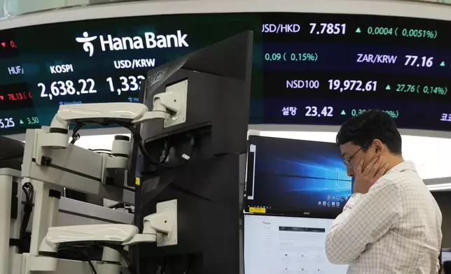 A currency trader watches monitors at the foreign exchange dealing room of the KEB Hana Bank headquarters in Seoul, South Korea, Thursday, Sept. 26, 2024. (AP Photo/Ahn Young-joon)