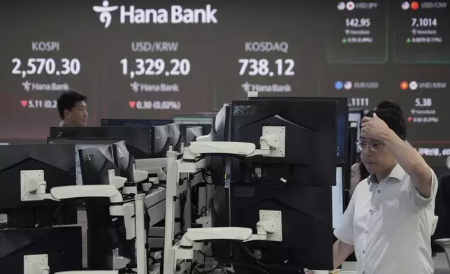 Currency traders watch monitors at the foreign exchange dealing room of the KEB Hana Bank headquarters in Seoul, South Korea, Thursday, Sept. 19, 2024. (AP Photo/Ahn Young-joon)