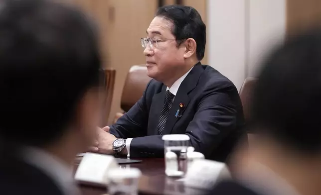 Japanese Prime Minister Fumio Kishida meets South Korean President Yoon Suk Yeol during a meeting at the Presidential Office in Seoul, South Korea, Friday, Sept. 6, 2024. (AP Photo/Lee Jin-man, Pool)