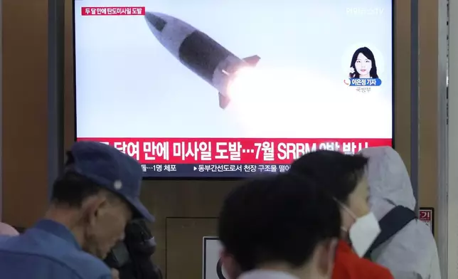 A TV screen shows a file image of North Korea's missile launch during a news program at Seoul Railway Station in Seoul, South Korea, Thursday, Sept. 12, 2024. (AP Photo/Ahn Young-joon)