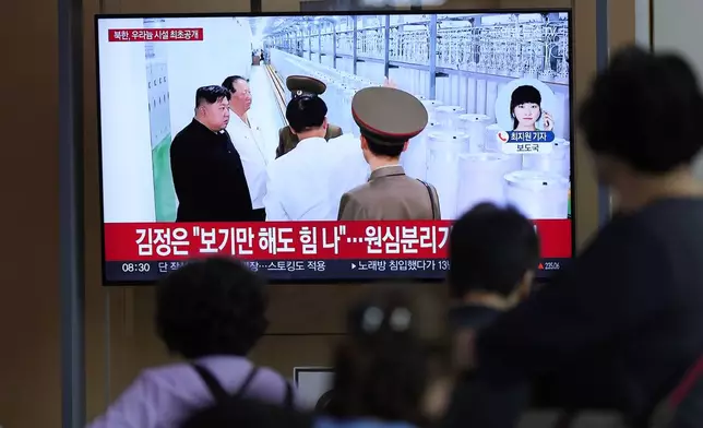 A TV screen shows an image of North Korean leader Kim Jong Un during a news program at the Seoul Railway Station in Seoul, South Korea, Friday, Sept. 13, 2024. The letters on the top read "North Korea, unveiling the uranium enrichment facility for the first time." (AP Photo/Lee Jin-man)