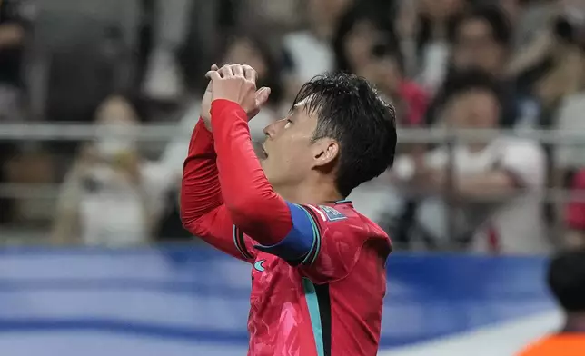 South Korea's Son Heung-min reacts during the Asian qualifier group B match for 2026 World Cup between South Korea and Palestine at Seoul World Cup Stadium in Seoul, South Korea, Thursday, Sept. 5, 2024. (AP Photo/Ahn Young-joon)