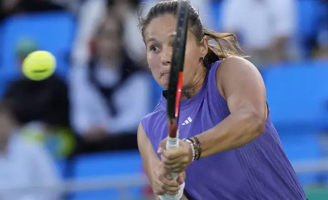 Daria Kasatkina of Russia returns a shot to Beatriz Haddad Maia of Brazil during their final match of the Korea Open tennis championships at Olympic Park Tennis Court in Seoul, South Korea, Sunday, Sept. 22, 2024. (AP Photo/Ahn Young-joon)