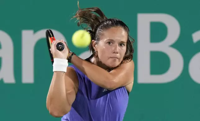 Daria Kasatkina of Russia returns a shot to Diana Shnaider of Russia during their semi final match of the Korea Open tennis championships in Seoul, South Korea, Saturday, Sept. 21, 2024. (AP Photo/Ahn Young-joon)