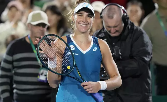 Beatriz Haddad Maia of Brazil reacts after winning against Veronika Kudermetova of Russia during their semi final match of the Korea Open tennis championships in Seoul, South Korea, Saturday, Sept. 21, 2024. (AP Photo/Ahn Young-joon)