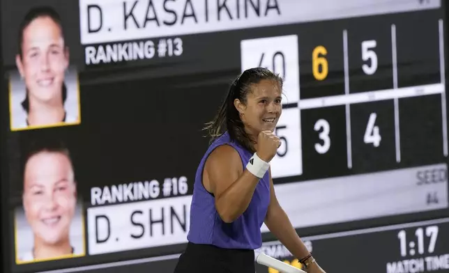 Daria Kasatkina of Russia reacts after winning against Diana Shnaider of Russia during their semi final match of the Korea Open tennis championships in Seoul, South Korea, Saturday, Sept. 21, 2024. (AP Photo/Ahn Young-joon)