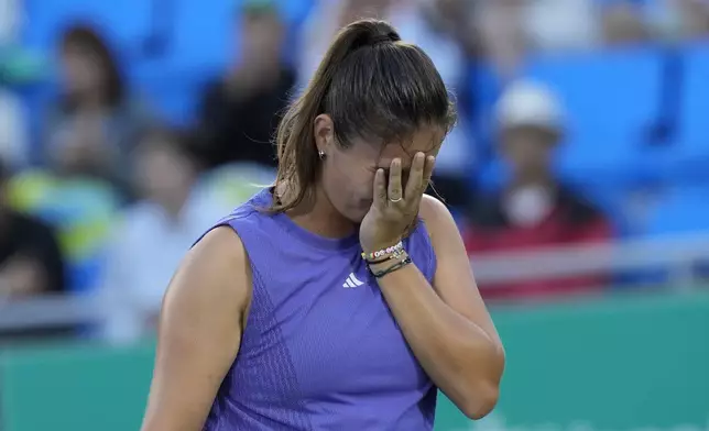 Daria Kasatkina of Russia reacts after a play against Beatriz Haddad Maia of Brazil during their final match of the Korea Open tennis championships at Olympic Park Tennis Court in Seoul, South Korea, Sunday, Sept. 22, 2024. (AP Photo/Ahn Young-joon)