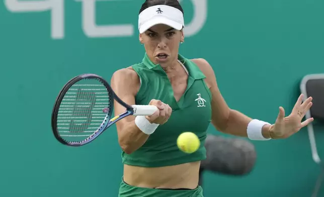 Ajla Tomljanovic of Australia returns a shot to Beatriz Haddad Maia of Brazil during their quarterfinal match at the Korea Open tennis championships in Seoul, South Korea, Thursday, Sept. 19, 2024. (AP Photo/Ahn Young-joon)