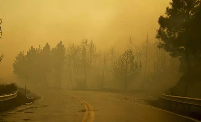 A burned landscape is left behind by the Line Fire, Saturday, Sept. 7, 2024, in Running Springs, Calif. (AP Photo/Eric Thayer)