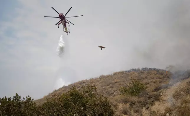 A helicopter drops water onto the Line Fire Saturday, Sept. 7, 2024, in Highland, Calif. (AP Photo/Eric Thayer)