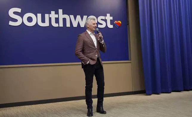 Southwest Airlines Bob Jordan responds to questions during a news conference at the company's headquarters in Dallas, Thursday, Sept. 26, 2024. (AP Photo/Tony Gutierrez)