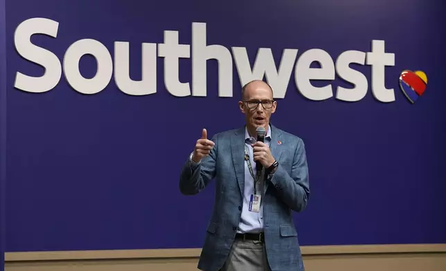 Southwest Airlines Andrew Watterson responds to questions during a news conference at the company's headquarters in Dallas, Thursday, Sept. 26, 2024. (AP Photo/Tony Gutierrez)