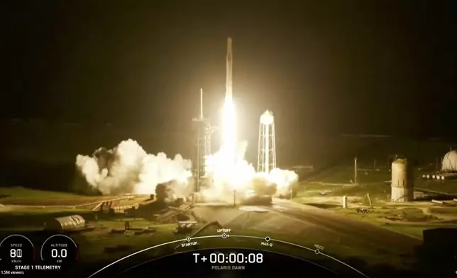 This image made from a SpaceX video shows the launch of the Polaris Dawn mission on a Falcon 9 rocket from the Kennedy Space Center in Florida, Tuesday Sept. 10, 2024. (SpaceX via AP)