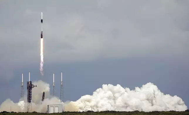 A SpaceX Falcon 9 rocket with a crew of two lifts off from launch pad 40 at the Cape Canaveral Space Force Station Saturday, Sept. 28, 2024 at Cape Canaveral, Fla. (AP Photo/John Raoux)